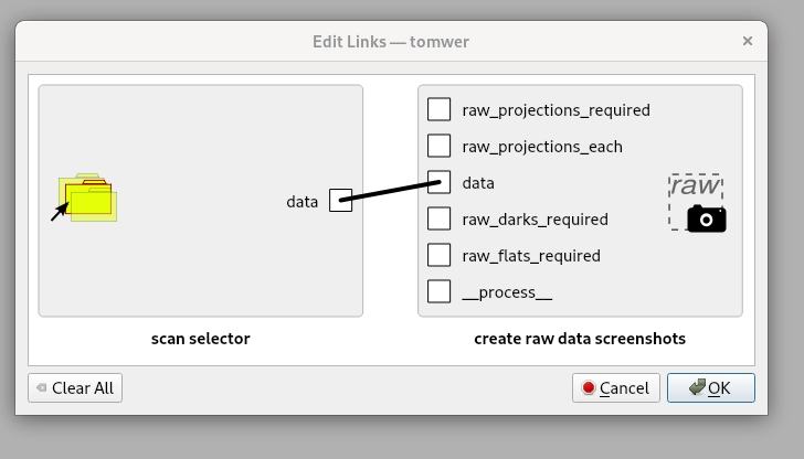 A image of a link between two tasks showing one output choice on the left and multiple input choices on the right.