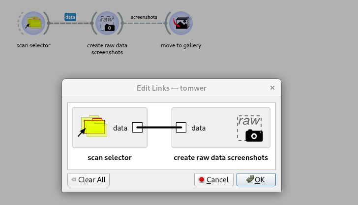 A image of a link between two tasks showing one output choice on the left and one input choice on the right.